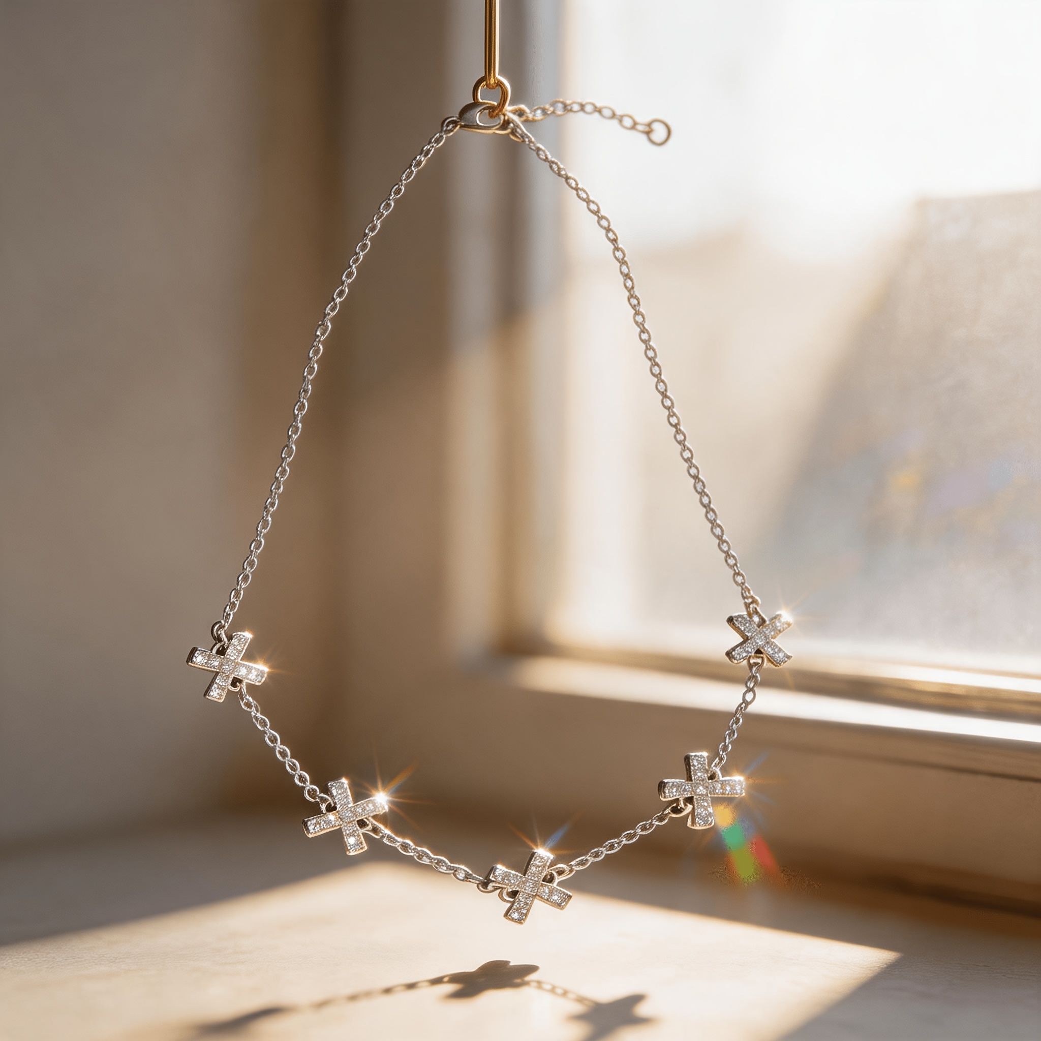Women's Rose Plated Adjustable Cross Pave Rhinestone Choker Necklace
